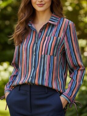 Daily Thread Multicolor Striped Button Down Top Ruched Tie Sleeves Rayon Blend L